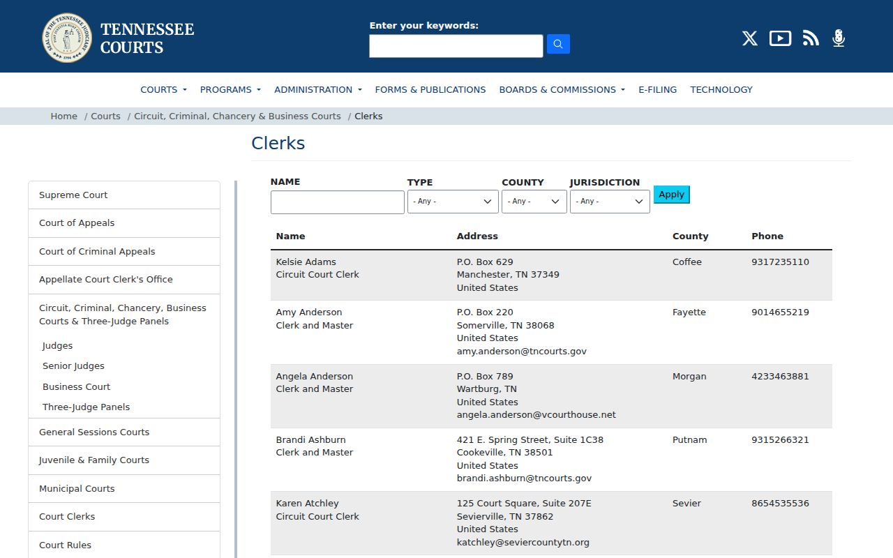 Tennessee AOC trial court clerk directory used to confirm the Lewis County criminal docket custodian
