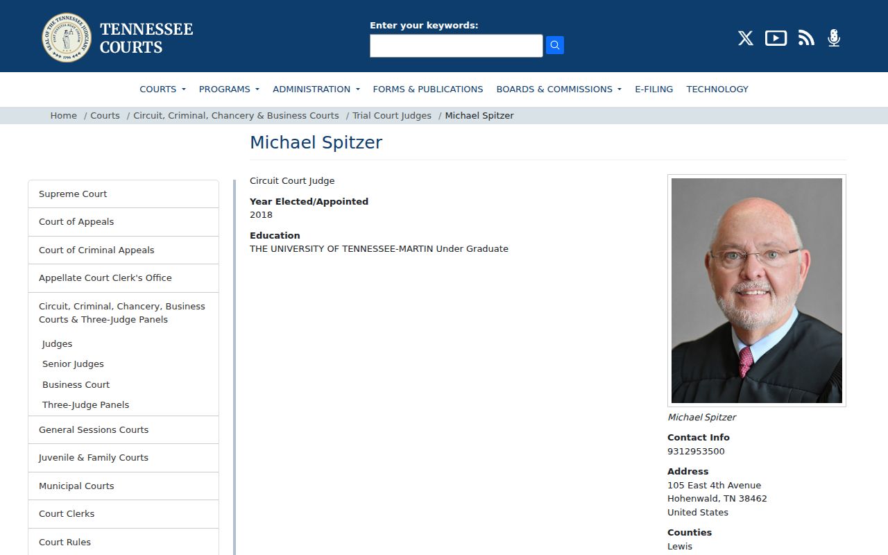 Tennessee AOC profile for the Circuit Court judge serving Lewis County criminal dockets