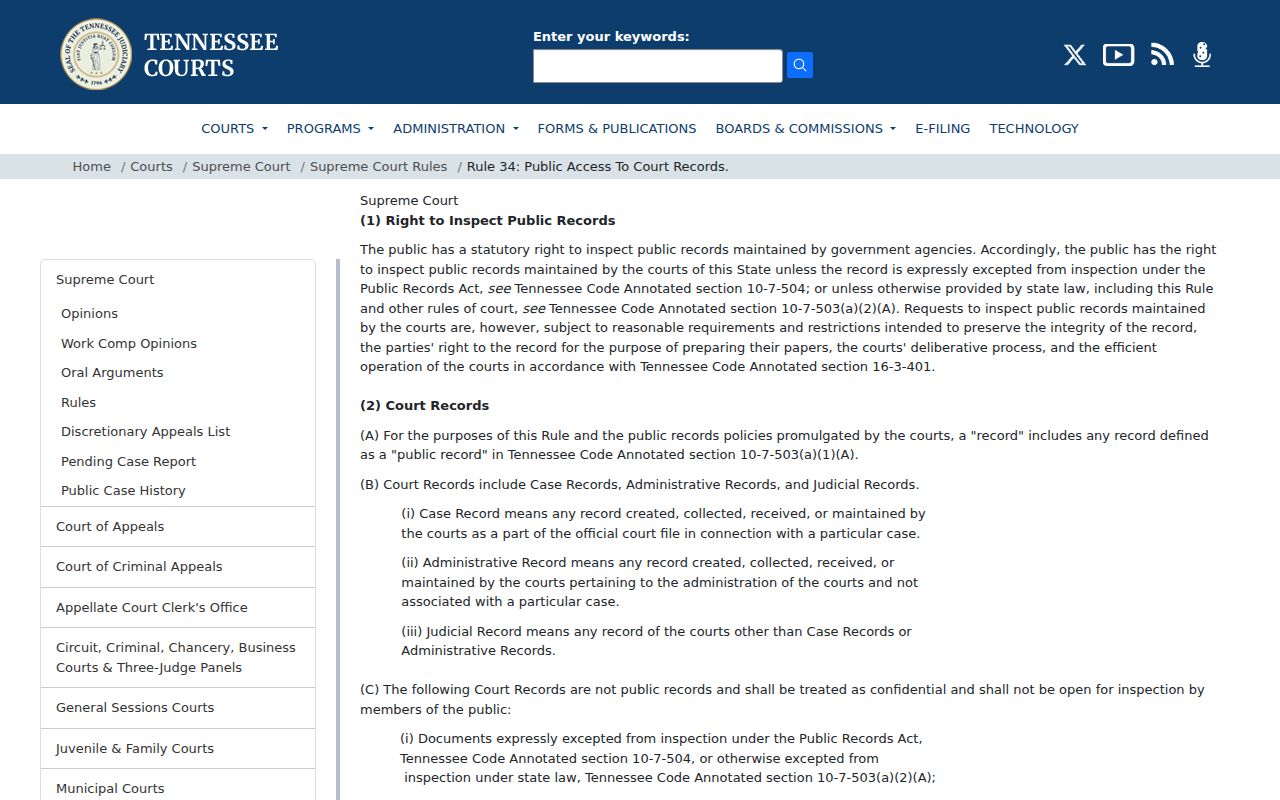 Tennessee Rule 34 page governing public access to Lewis County criminal court records