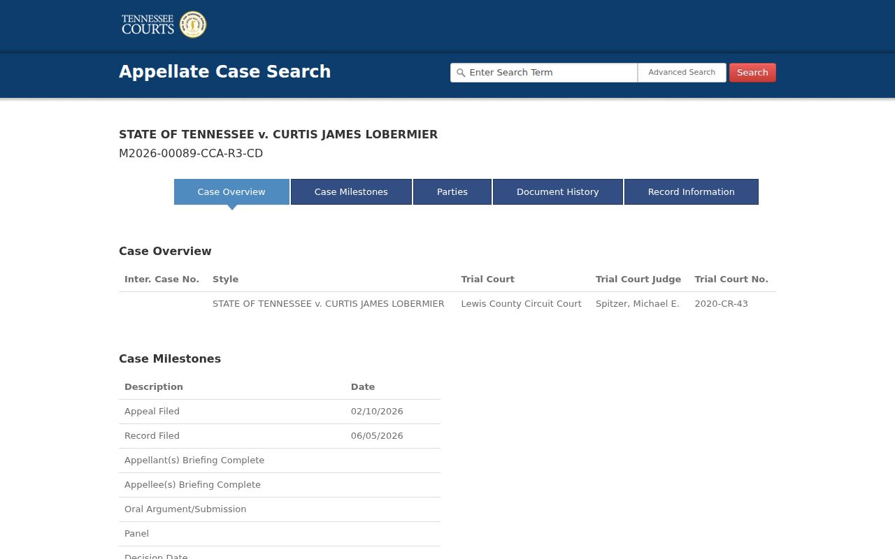 Tennessee appellate case detail showing fields that link a criminal appeal to its Lewis County trial docket
