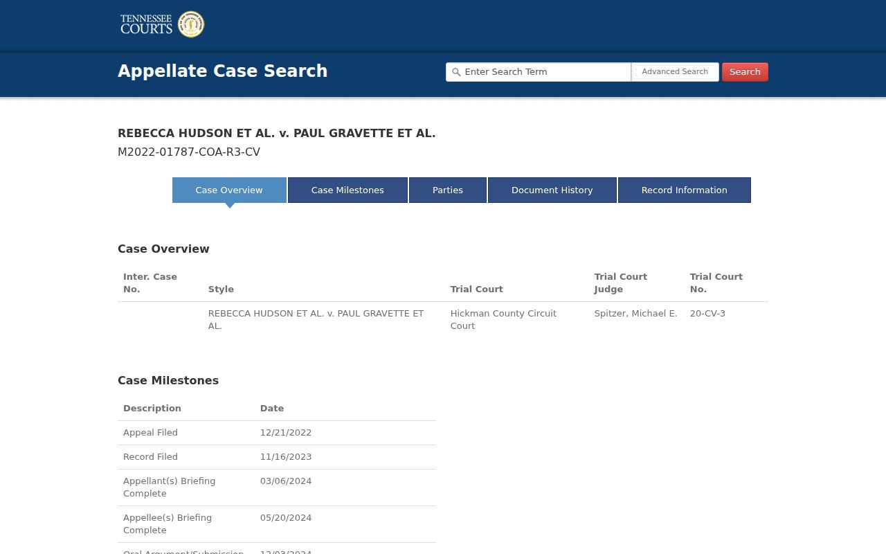 Tennessee civil appellate case detail illustrating fields linked back to a Lewis County civil docket