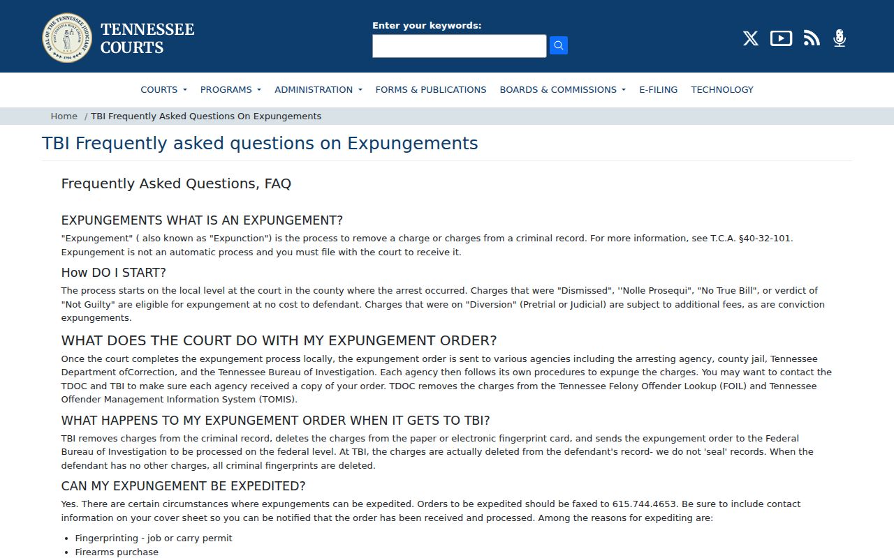 TBI and Tennessee AOC expungement frequently asked questions