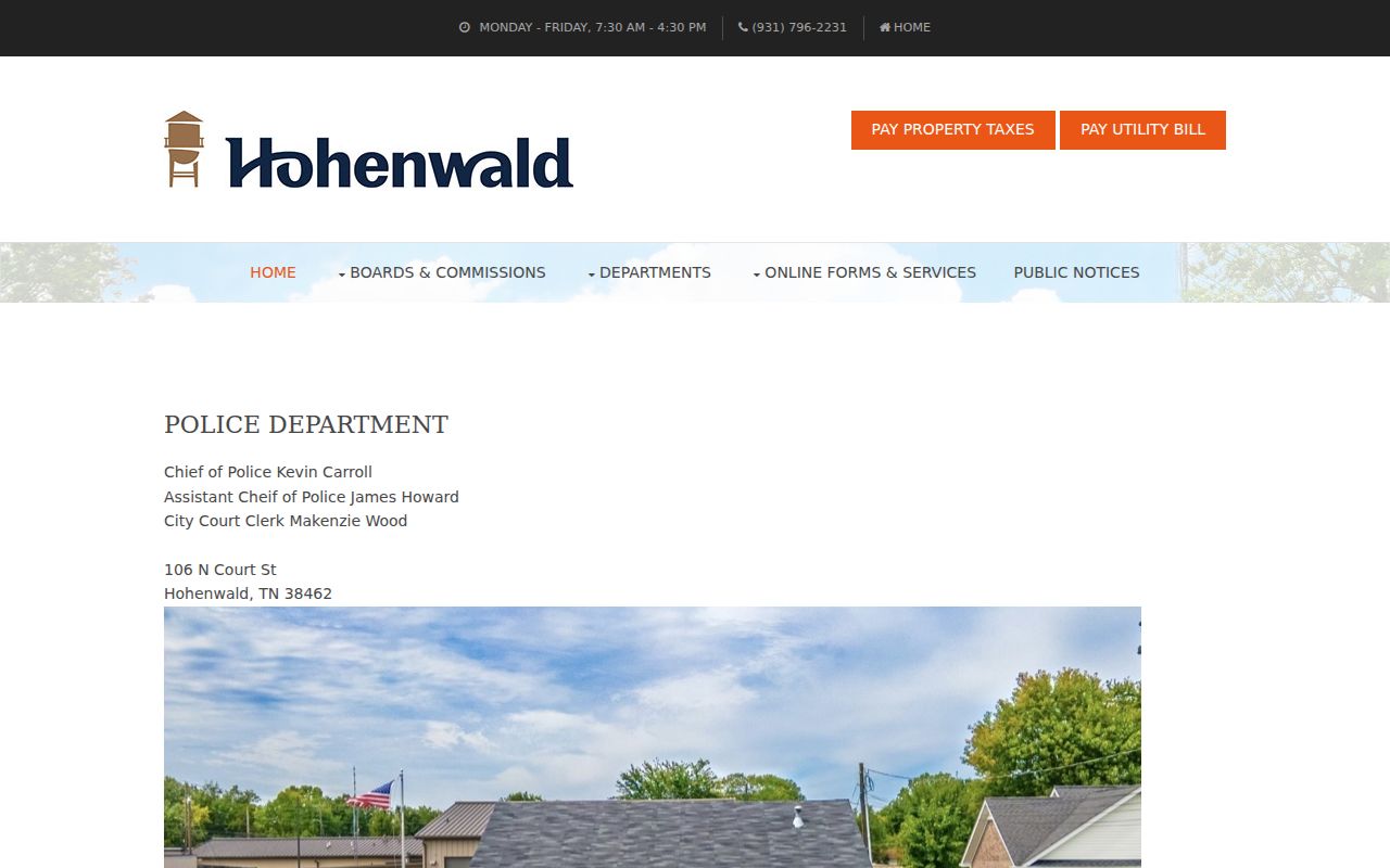 Hohenwald Police Department page with City Court Clerk information