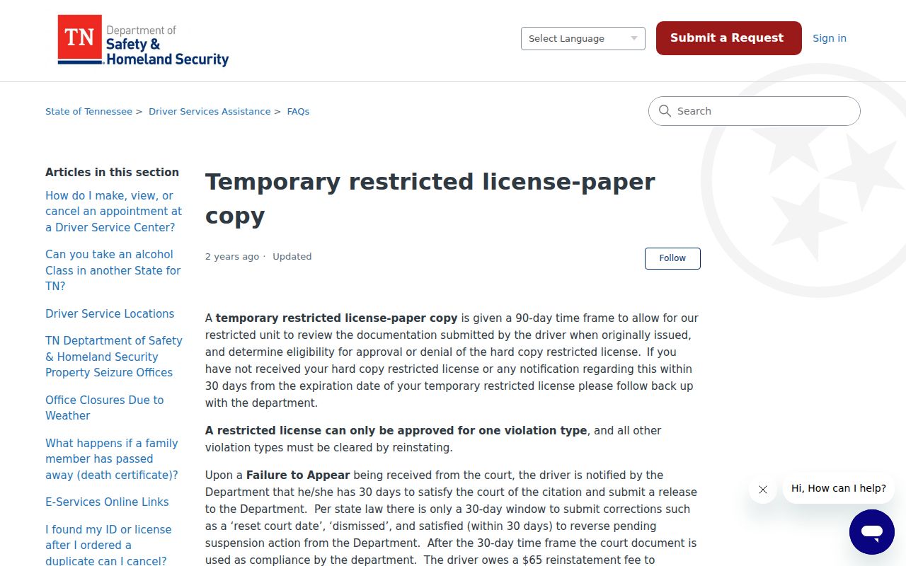 Tennessee driver-service failure-to-appear and reinstatement guidance